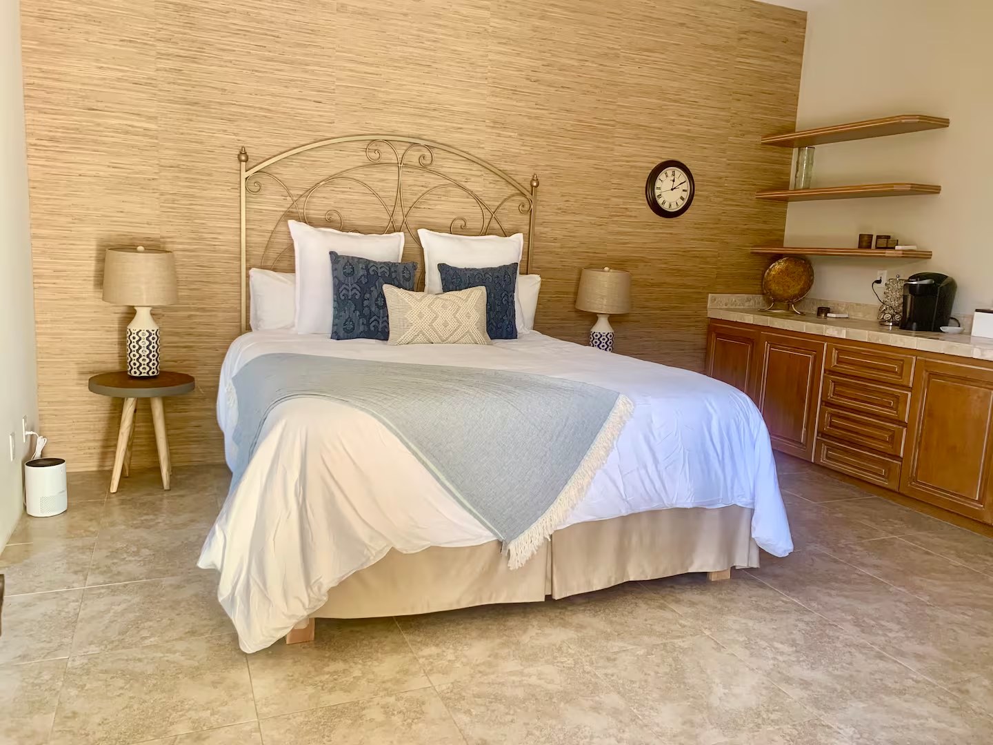 Casita queen bedroom with 32-inch TV in the private detached guest house at The Mason Oasis, PGA West La Quinta